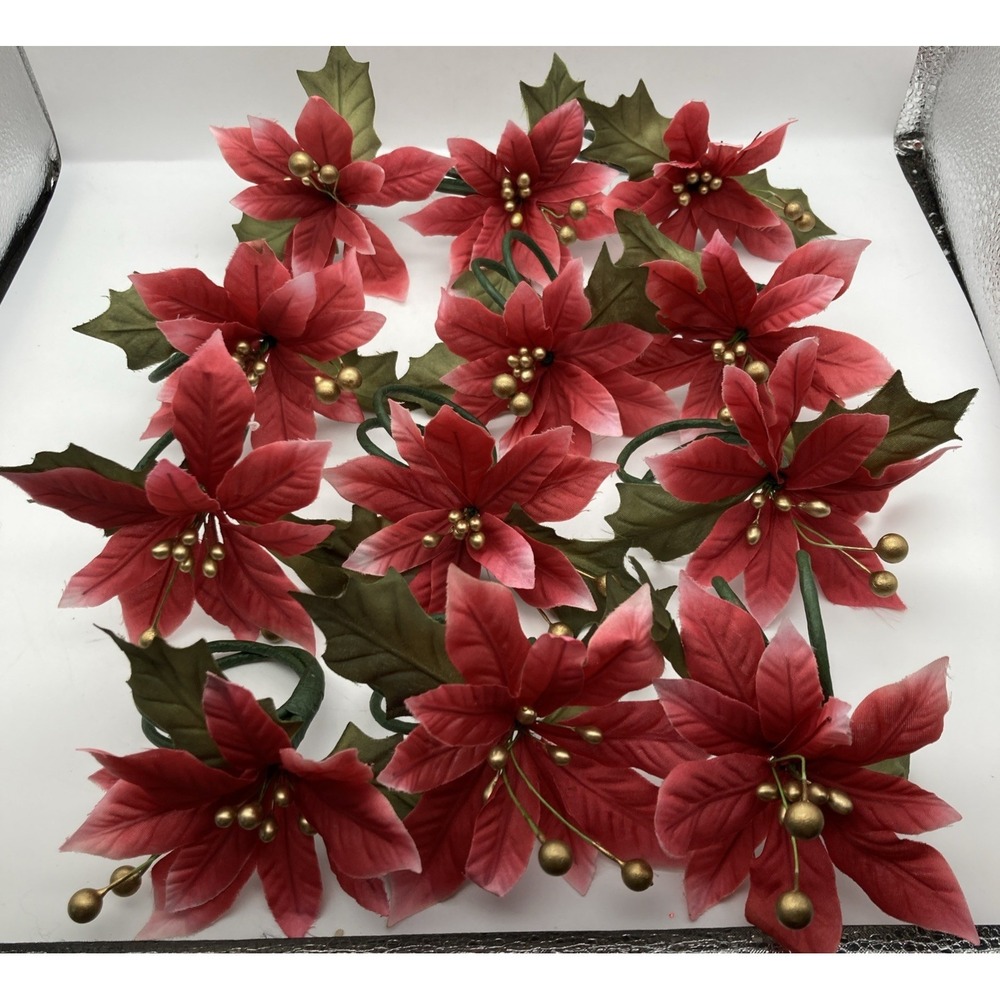 Set Of 12 Silk Poinsettias Napkin Rings 4" By 4"